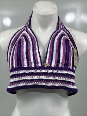 Striped Crochet Halter Top in Purple and White